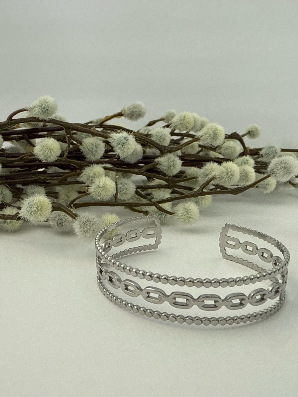 Silver Open Cuff Bracelet with Chain Link Detail